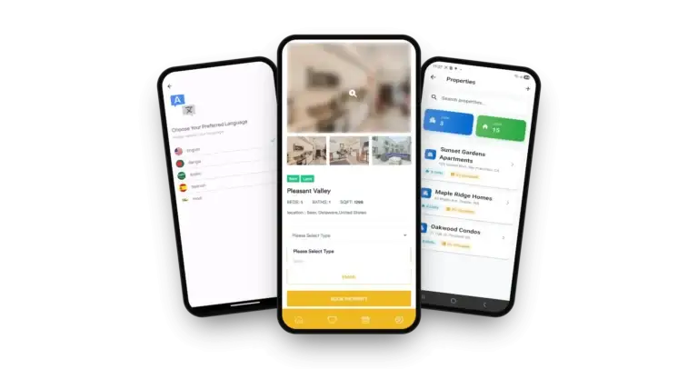 Habyt Clone on three phones: the property detail with photo gallery and booking button, the language picker and the property manager's property list