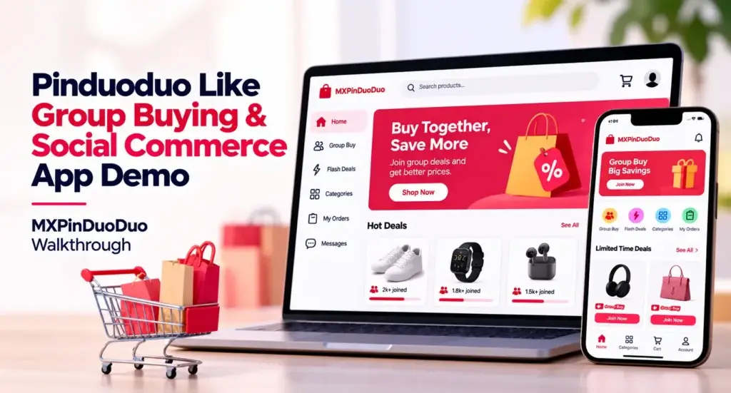 Pinduoduo-like group buying and social commerce app demo showing MXPinDuoDuo product deals, group purchases, flash deals, categories, and mobile shopping interface