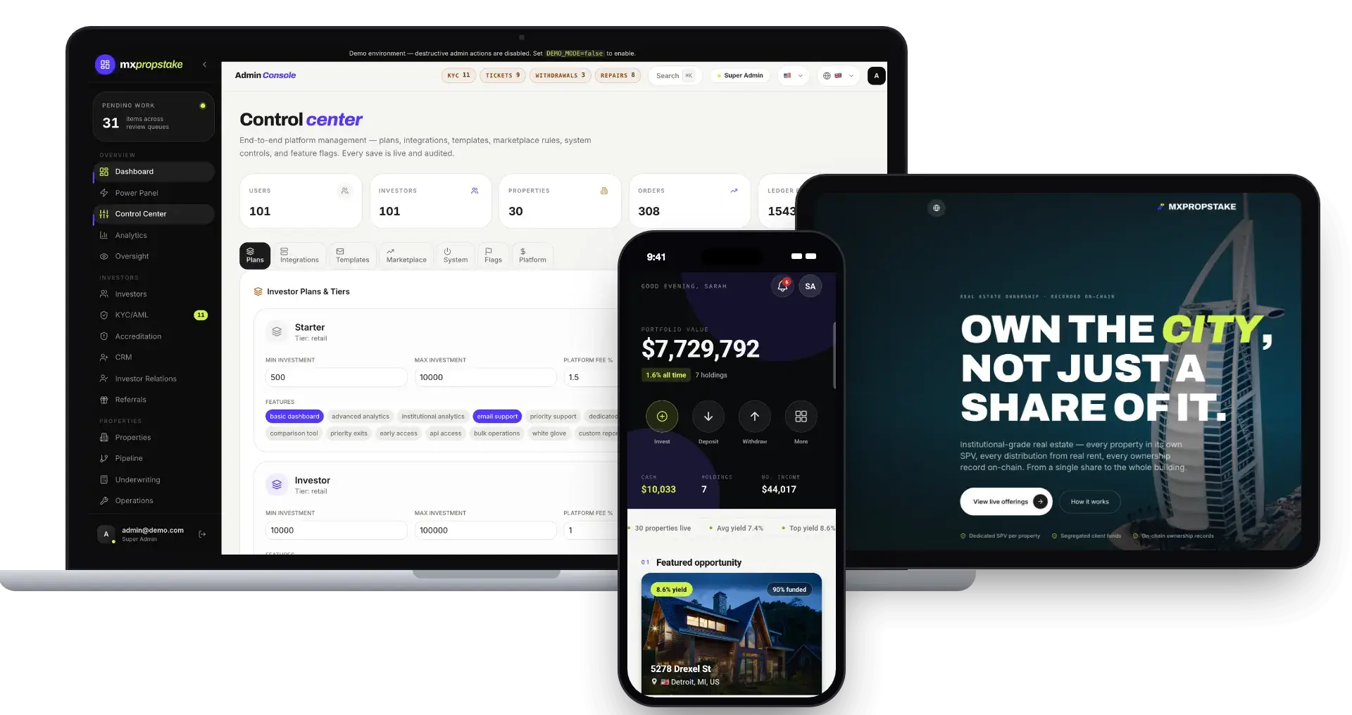 Prypco Clone 25 Prypco Clone platform shown across a laptop, tablet and phone: the MXPropstake operator control centre, the public property investment website and the investor mobile app