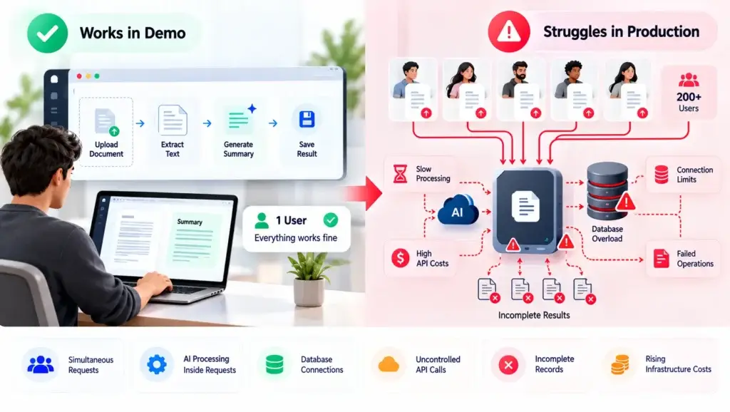 Why AI-Generated MVPs Struggle to Scale: Architecture Fixes Founders Need Before Launch 1 Comparison of an AI-generated MVP working with one user in a demo and struggling in production with concurrent requests, database overload, API costs, and failed operations.