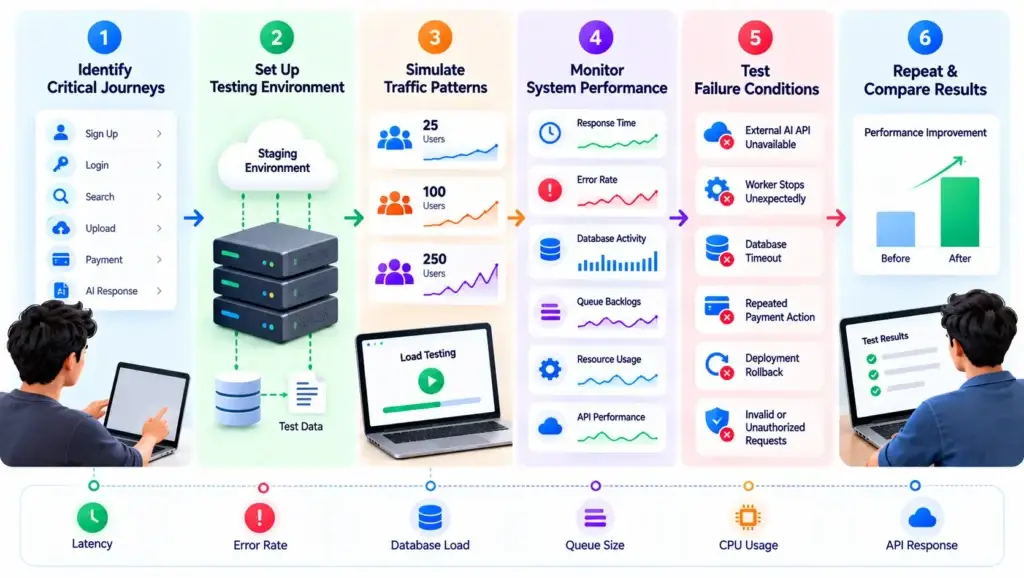 Why AI-Generated MVPs Struggle to Scale: Architecture Fixes Founders Need Before Launch 2 Six-step load testing workflow for AI applications covering critical user journeys, staging environment setup, traffic simulation, performance monitoring, failure testing, and result comparison.