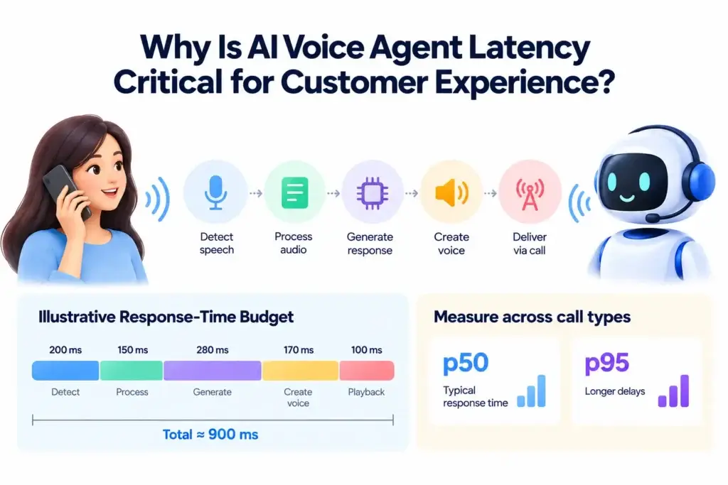 Building a Generative AI App on a Budget: How to Control OpenAI and Anthropic API Token Burn 1 Infographic explaining AI Voice Agent Customer Support Cost Latency, including speech detection, audio processing, response generation, voice playback, and p50 and p95 latency metrics.