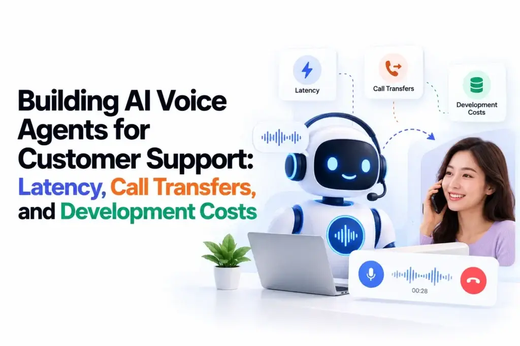 AI voice agent for customer support showing conversational AI, response latency, call transfers, voice automation, and development costs.