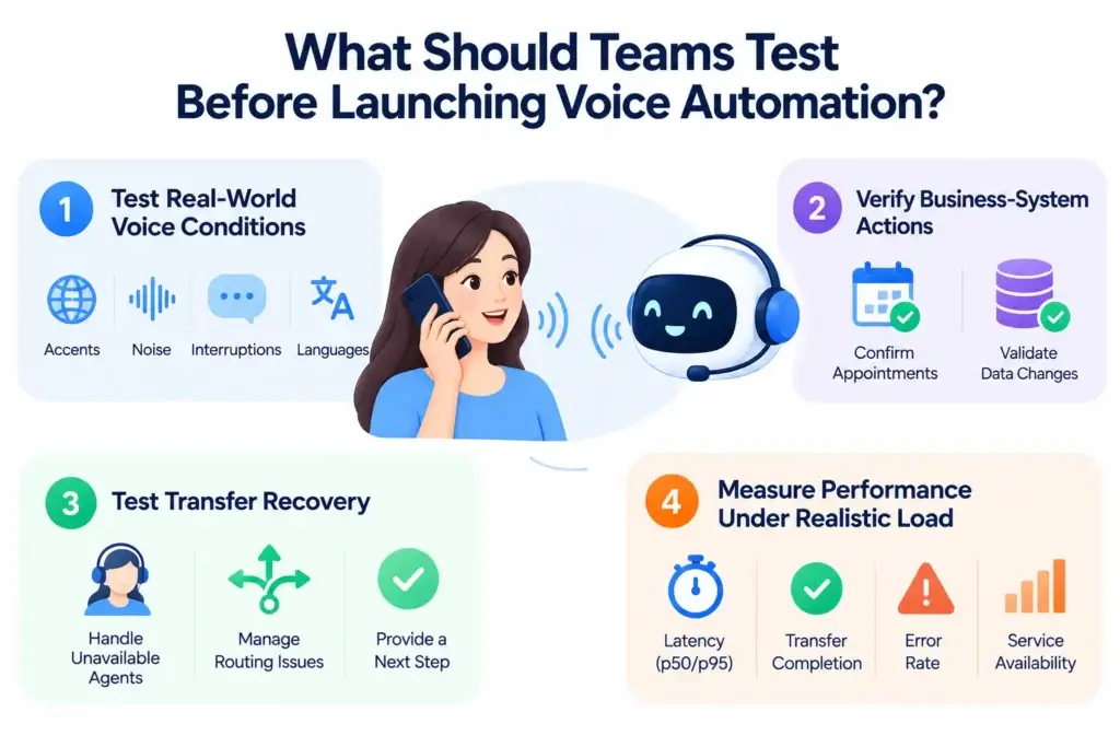 Building a Generative AI App on a Budget: How to Control OpenAI and Anthropic API Token Burn 2 Infographic showing four essential AI voice automation tests, including real-world voice conditions, business action verification, call transfer recovery, and performance under load.