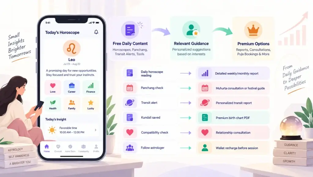 How Daily Horoscopes, Panchang, and Transit Alerts Drive Repeat Visits on a Digital Astrology Platform 2 Astrology platform monetization journey from free daily horoscopes and Panchang to personalized reports, consultations, and premium services
