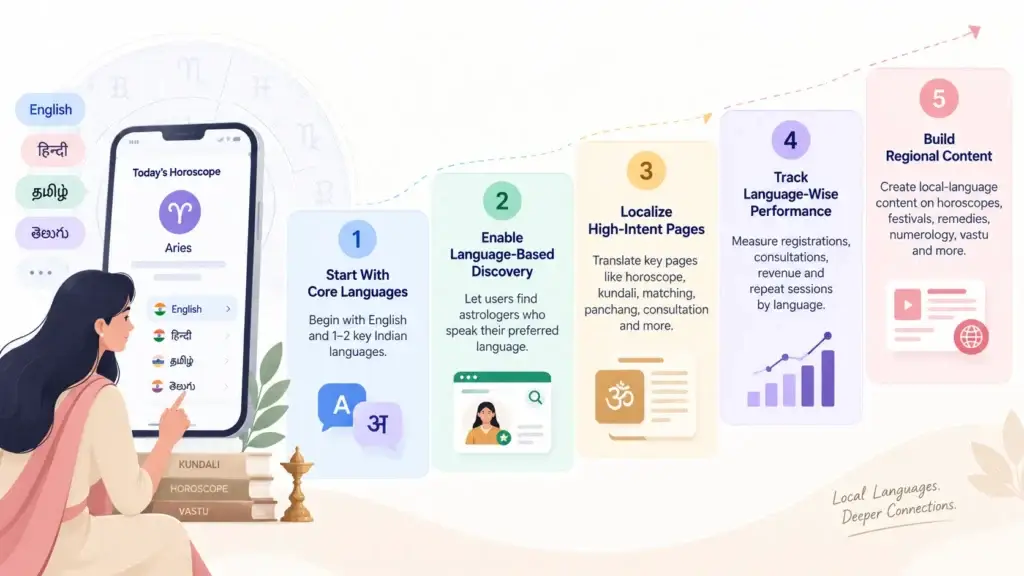 Multilingual Astrology Platforms: Why Regional Languages Matter for User Growth in India 2 Five-step regional-language rollout plan for multilingual astrology platforms in India
