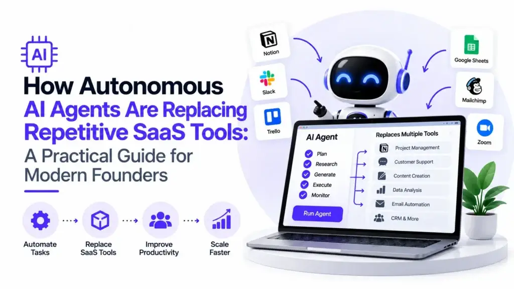 Infographic comparing a growing SaaS stack with outcome-driven workflows powered by autonomous AI agents.