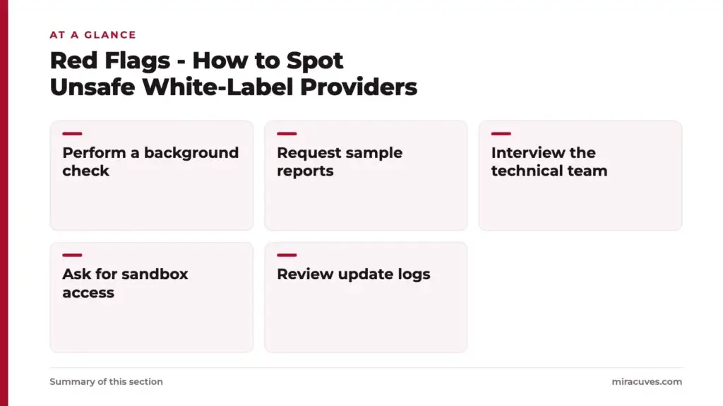 How Safe Is a White-Label Blueground App? Security Guide 2025 2 Red Flags - How to Spot Unsafe White-Label Providers: Perform a background check, Request sample reports, Interview the technical team, Ask for sandbox access, Review update logs