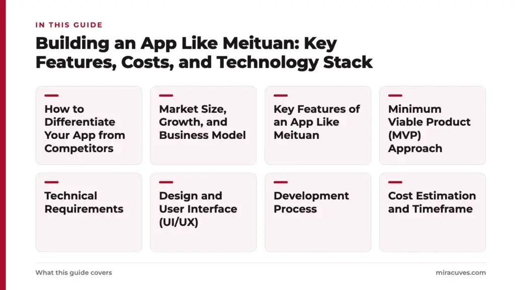 Building an App Like Meituan: Key Features, Costs, and Technology Stack 2 Building an App Like Meituan: Key Features, Costs, and Technology Stack: How to Differentiate Your App from Competitors, Market Size, Growth, and Business Model, Key Features of an App Like Meituan, Minimum Viable Product (MVP) Approach, Te