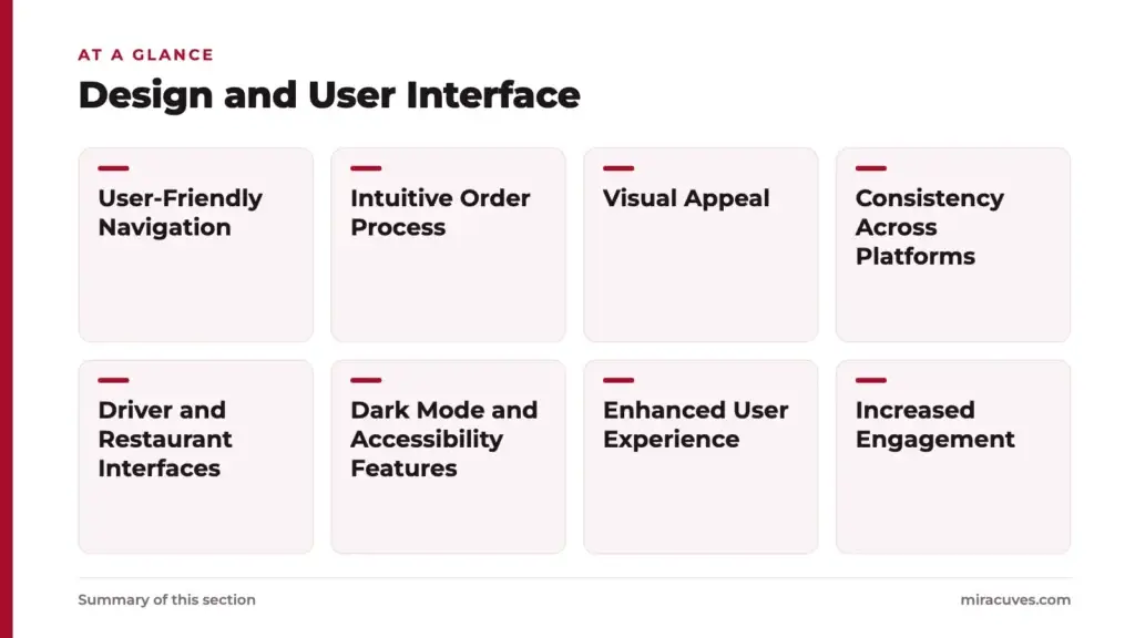 Build Your Own Food Delivery App Like DoorDash: Cost, Features, and Development Process 1 Design and User Interface: User-Friendly Navigation, Intuitive Order Process, Visual Appeal, Consistency Across Platforms, Driver and Restaurant Interfaces, Dark Mode and Accessibility Features, Enhanced User Experience, Increased Engagemen