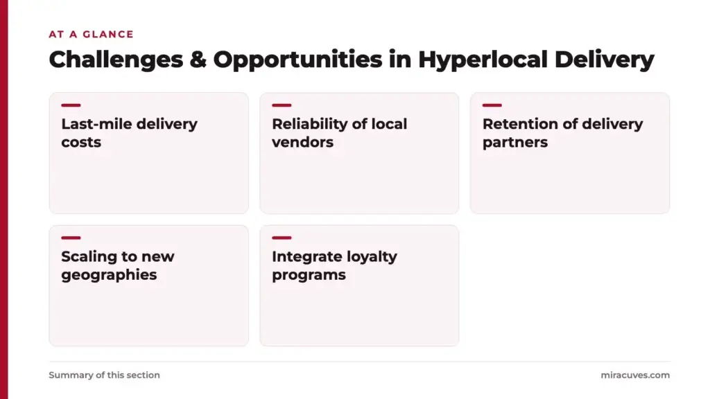 Business Model for On-Demand Hyperlocal Delivery Service 4 Challenges & Opportunities in Hyperlocal Delivery: Last-mile delivery costs, Reliability of local vendors, Retention of delivery partners, Scaling to new geographies, Integrate loyalty programs