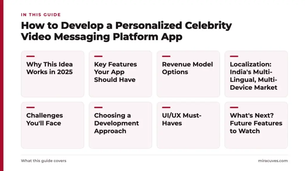How to Develop a Personalized Celebrity Video Messaging Platform App 1 How to Develop a Personalized Celebrity Video Messaging Platform App: Why This Idea Works in 2025, Key Features Your App Should Have, Revenue Model Options, Localization: India's Multi-Lingual, Multi-Device Market, Challenges You'll Face, C