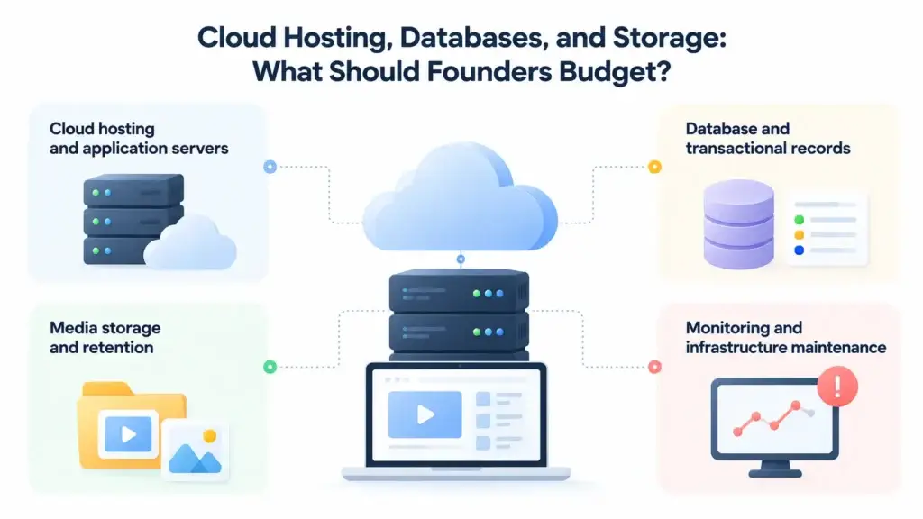 How Much Does It Cost to Build a Live Streaming Entertainment Platform in 2026? 1 Infographic showing cloud hosting, databases, media storage, and infrastructure monitoring costs for a live streaming entertainment platform.