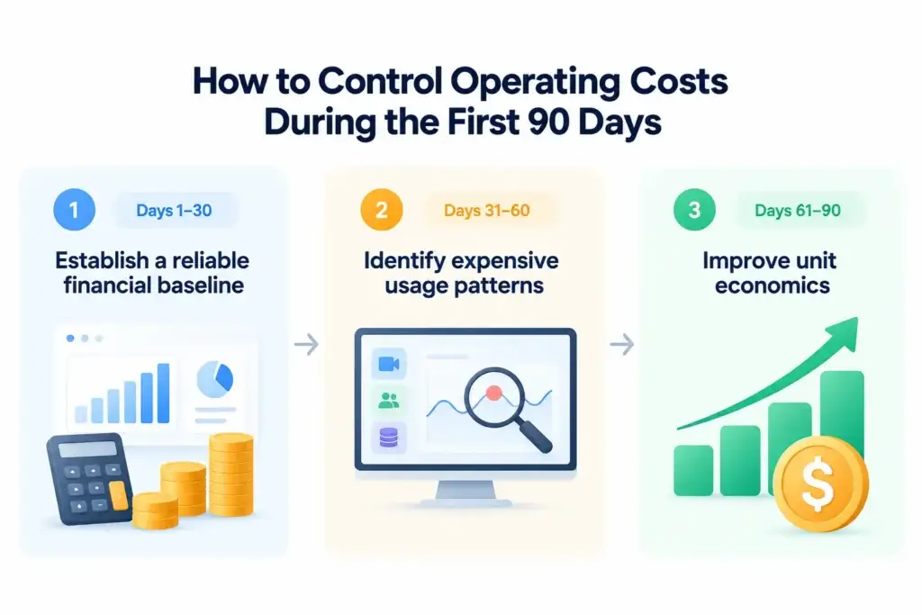 How Much Does It Cost to Build a Live Streaming Entertainment Platform in 2026? 2 Live Streaming Entertainment Platform Cost Infographic showing how to control operating costs during the first 90 days by establishing a financial baseline, identifying expensive usage patterns, and improving unit economics.