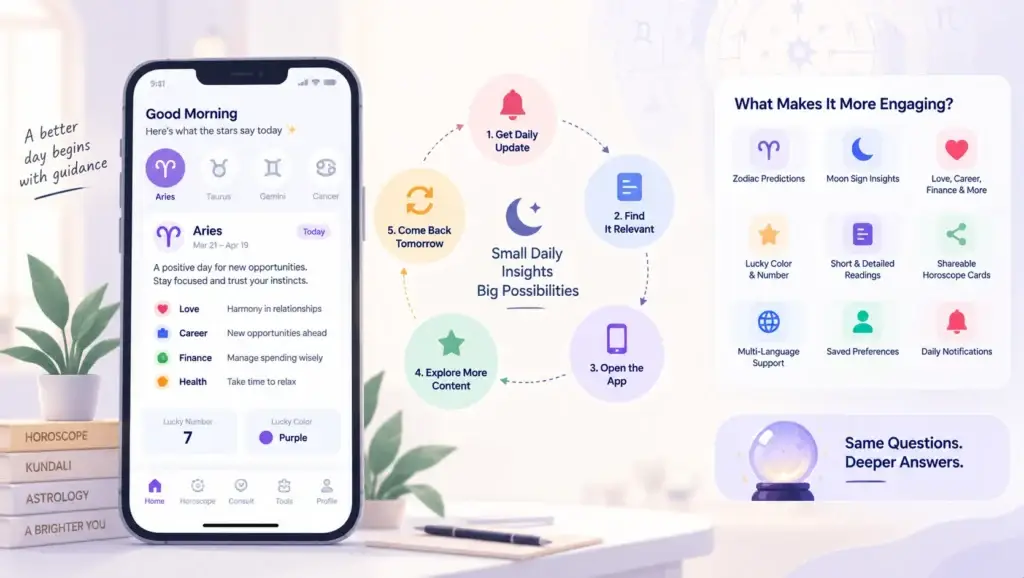 How Daily Horoscopes, Panchang, and Transit Alerts Drive Repeat Visits on a Digital Astrology Platform 1 Daily horoscope habit loop showing how personalized predictions and notifications improve astrology app retention