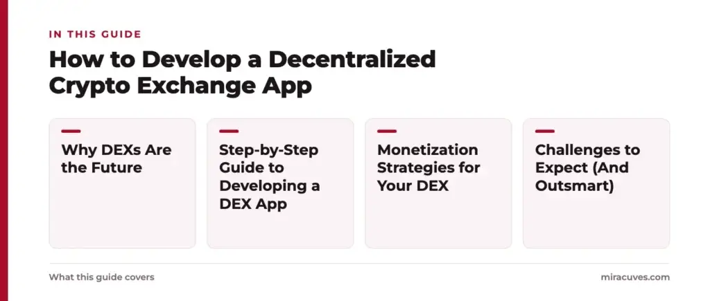 How to Develop a Decentralized Crypto Exchange App 1 How to Develop a Decentralized Crypto Exchange App: Why DEXs Are the Future, Step-by-Step Guide to Developing a DEX App, Monetization Strategies for Your DEX, Challenges to Expect (And Outsmart)