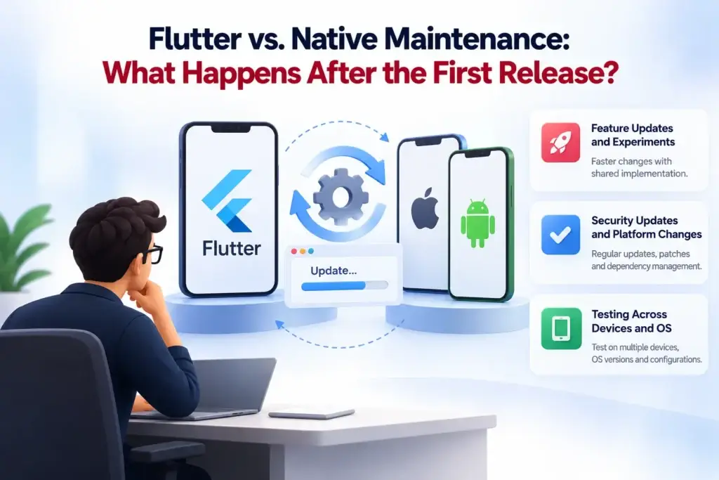 cross-platform Flutter vs native development maintenance comparison showing feature updates, security patches, platform changes, and testing across iOS and Android.