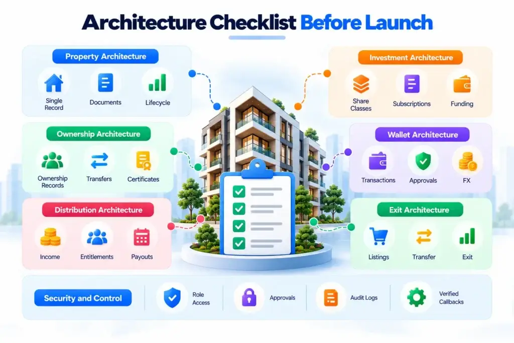 Fractional Real Estate Investment Platform Architecture: Property Shares, Investor Wallets, Rental Income, and Exits 2 Fractional real estate investment platform architecture checklist covering property, investment, ownership, wallet, distribution, exit, security, and control modules.