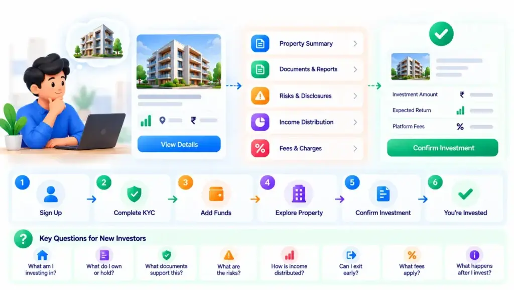 Fractional Real Estate Platform Growth Strategy: Property Supply, Investor Acquisition, and Repeat Investing 2 Fractional real estate investor journey showing signup, KYC, funding, property research, risk review, fees, investment confirmation, and ownership.