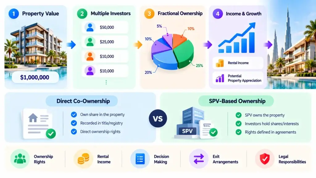 Property Tokenization vs Fractional Ownership: What Should Platform Founders Understand Before Launch? 1 Fractional real estate ownership model showing property value, multiple investors, ownership shares, and rental income