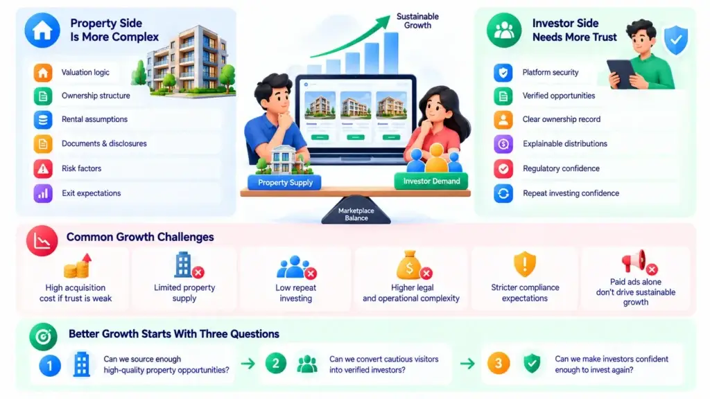 Fractional Real Estate Platform Growth Strategy: Property Supply, Investor Acquisition, and Repeat Investing 1 Fractional real estate platform growth infographic showing property supply complexity, investor trust, acquisition challenges, compliance, repeat investing, and marketplace balance.