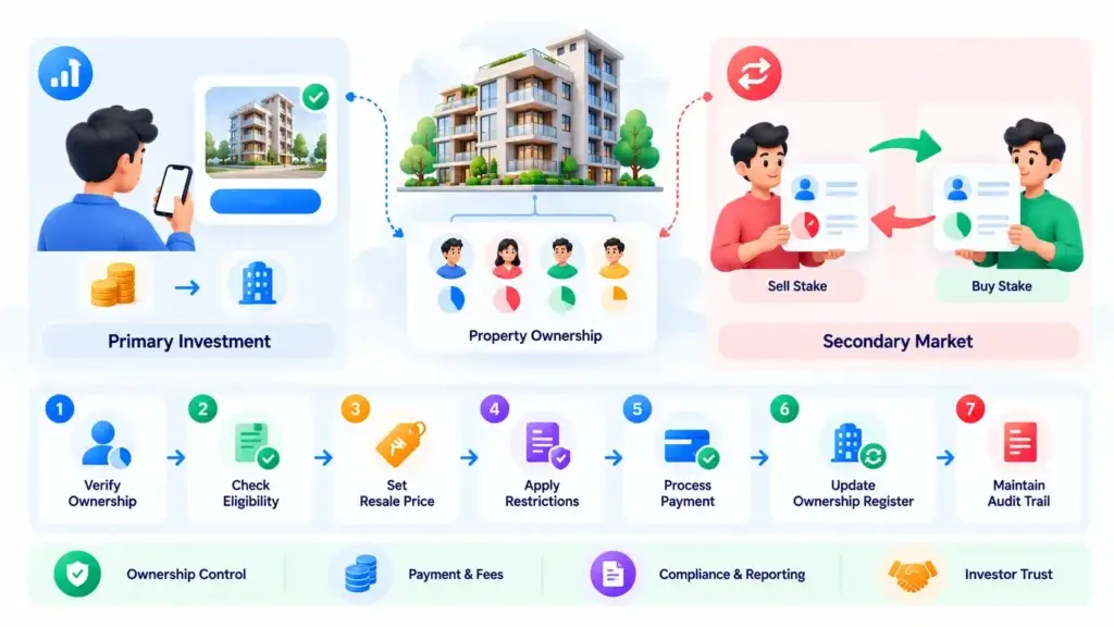 Fractional Real Estate Investment Platform Secondary Market: Giving Investors a Structured Path to Exit 1 Fractional real estate secondary market admin controls for approving listings, reviewing eligibility, managing fees, disputes, liquidity, ownership changes, and exit windows.