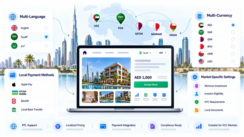 Fractional Real Estate Investment Platform Localization for the GCC: Language, Currency, Payments, and RTL Experience 1 GCC real estate platform localization infographic showing multilingual support, multi-currency settings, local payment methods, RTL compatibility, and regional compliance.