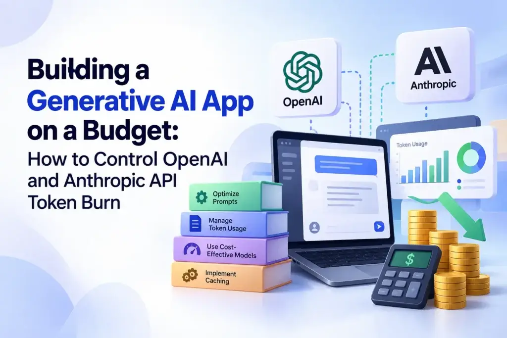 Illustration of generative AI app development showing OpenAI and Anthropic API integration, token usage monitoring, prompt optimization, and cost reduction.