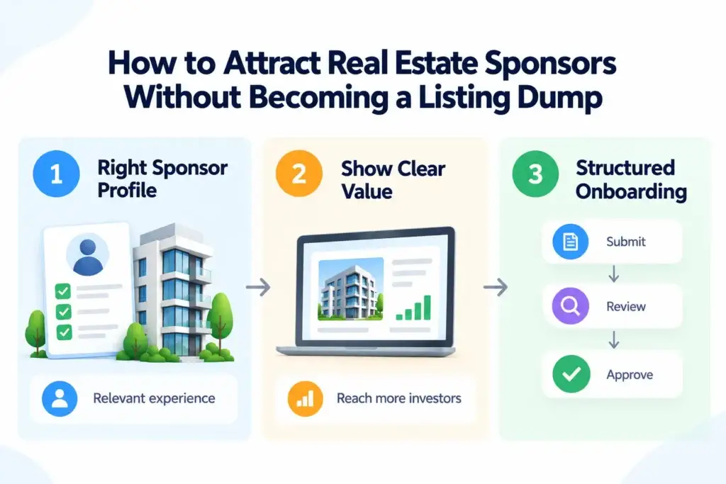 Real Estate Crowdfunding Platform Growth Strategy: Attracting Sponsors, Investors, and Quality Property Deals 1 Infographic showing how to attract Real Estate Crowdfunding Growth Strategy sponsors through sponsor qualification, clear value propositions, and structured onboarding for crowdfunding platforms.