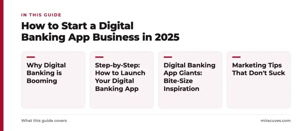 How to Start a Digital Banking App Business in 2025 1 How to Start a Digital Banking App Business in 2025: Why Digital Banking is Booming, Step-by-Step: How to Launch Your Digital Banking App, Digital Banking App Giants: Bite-Size Inspiration, Marketing Tips That Don't Suck