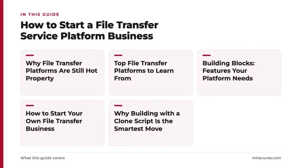 How to Start a File Transfer Service Platform Business 1 How to Start a File Transfer Service Platform Business: Why File Transfer Platforms Are Still Hot Property, Top File Transfer Platforms to Learn From, Building Blocks: Features Your Platform Needs, How to Start Your Own File Transfer Busine