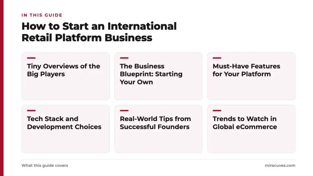 How to Start an International Retail Platform Business 1 How to Start an International Retail Platform Business: Tiny Overviews of the Big Players, The Business Blueprint: Starting Your Own, Must-Have Features for Your Platform, Tech Stack and Development Choices, Real-World Tips from Successful