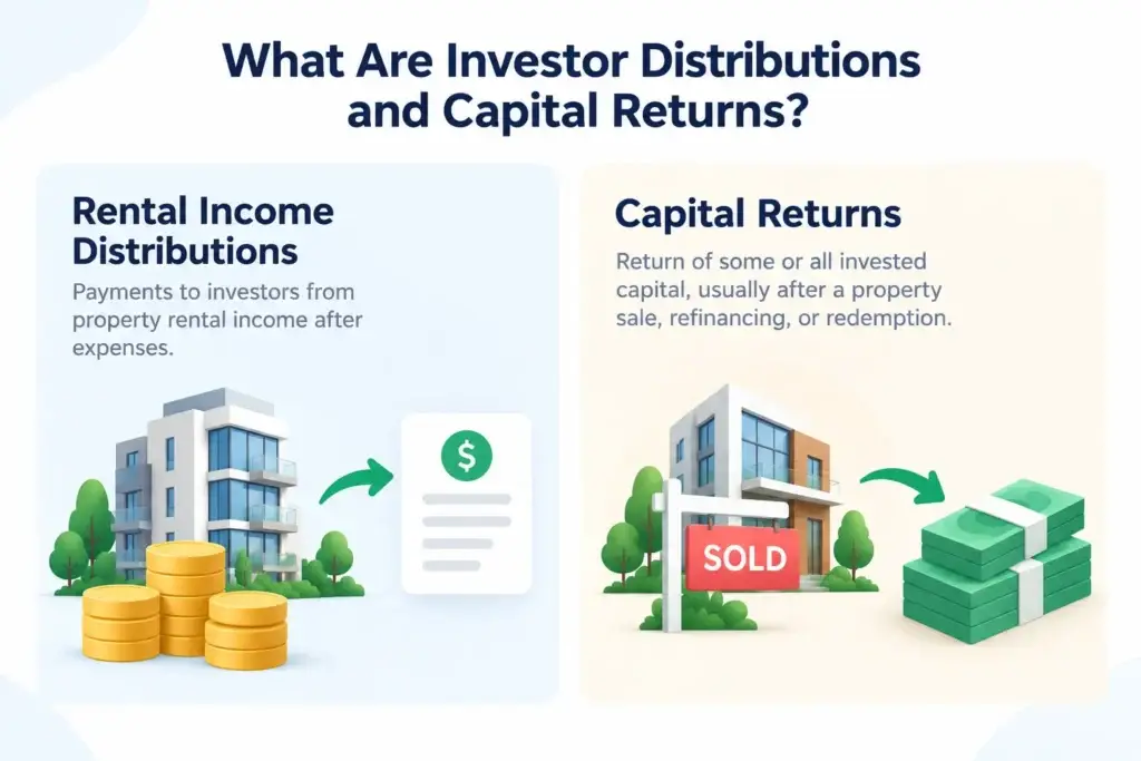 How Should a Real Estate Crowdfunding Platform Manage Investor Distributions and Capital Returns? 1 Infographic comparing rental income distributions and capital returns in Real Estate Investor Distribution Management, showing property income, investor payments, and invested capital repayment.