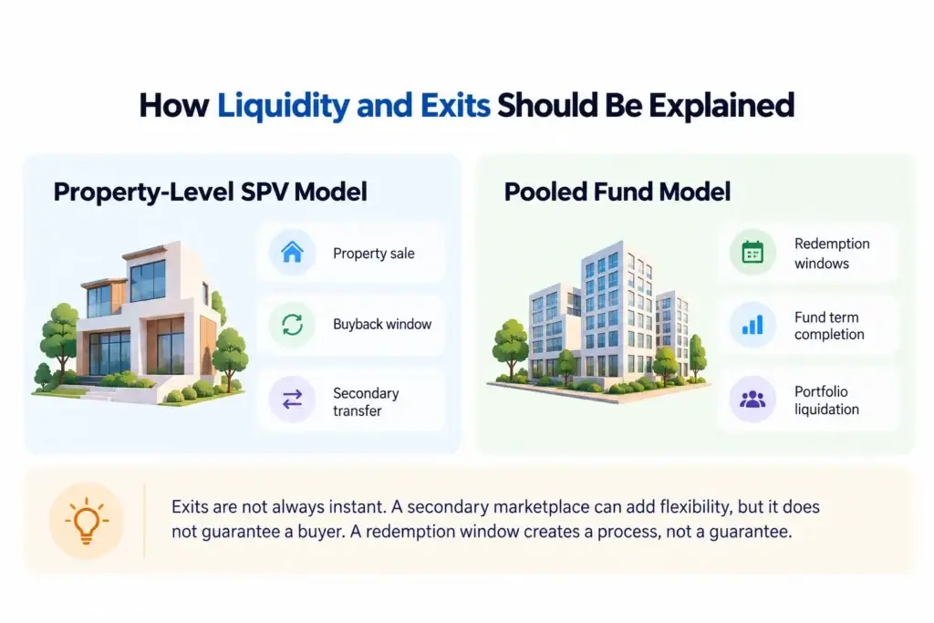 Property-Level SPVs vs Pooled Real Estate Funds: Which Structure Fits a Crowdfunding Platform? 2 Comparison of liquidity and exit options in property-level SPVs and pooled real estate funds, including property sales, buybacks, secondary transfers, and fund redemptions.