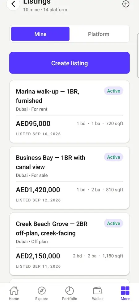 MXPropstake agent app listings screen with the agent's own and platform-wide property listings and a create listing action