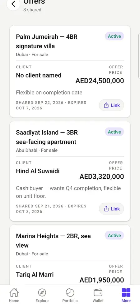 MXPropstake agent app offers screen showing branded client offers with offer price, client name and expiry date