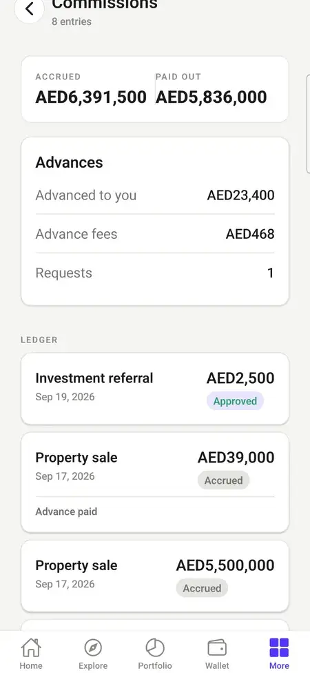 MXPropstake agent app commissions screen showing accrued and paid out totals, commission advances and the commission ledger