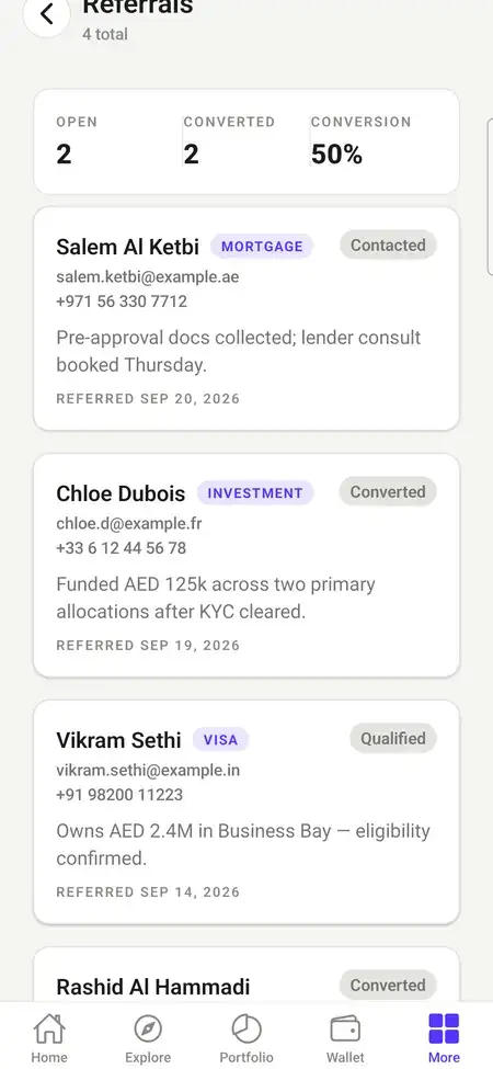 MXPropstake agent app referrals screen showing referral count, conversions, conversion rate and the status of each referred client