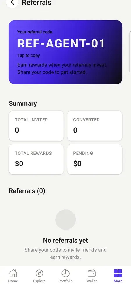 MXPropstake agent app referral programme screen showing the agent's referral code, invitation totals and pending rewards