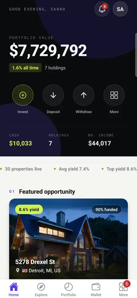 MXPropstake investor app home screen showing total portfolio value, invest, deposit and withdraw actions, cash and monthly income, and a featured property opportunity