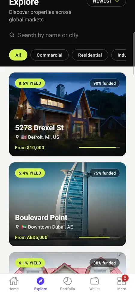 MXPropstake investor app explore screen listing commercial and residential properties with target yield and funded percentage on each card