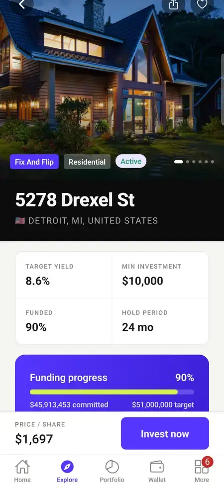 MXPropstake investor app property detail screen showing target yield, minimum investment, funding progress, hold period, price per share and the risk disclosure