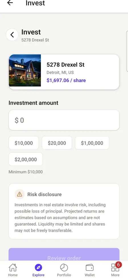 MXPropstake investor app invest screen where an investor enters an amount against a property's minimum investment and price per share