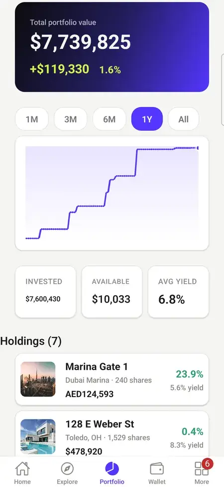 MXPropstake investor app portfolio screen with total value, period performance chart and the list of individual holdings