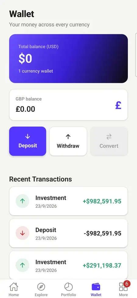 MXPropstake investor app multi-currency wallet showing separate US dollar and pound sterling balances with deposit, withdraw and convert actions