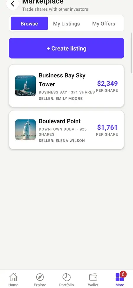 MXPropstake investor app secondary marketplace where investors browse share listings from other investors and create their own listing