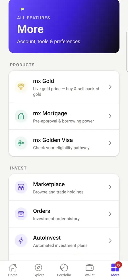 MXPropstake investor app account menu listing the gold, mortgage and golden visa product lines alongside marketplace, orders and auto-invest