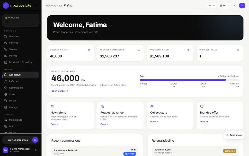MXPropstake agent web console home showing collected points, accrued and paid out commission and shortcuts to new referrals, advances and branded offers