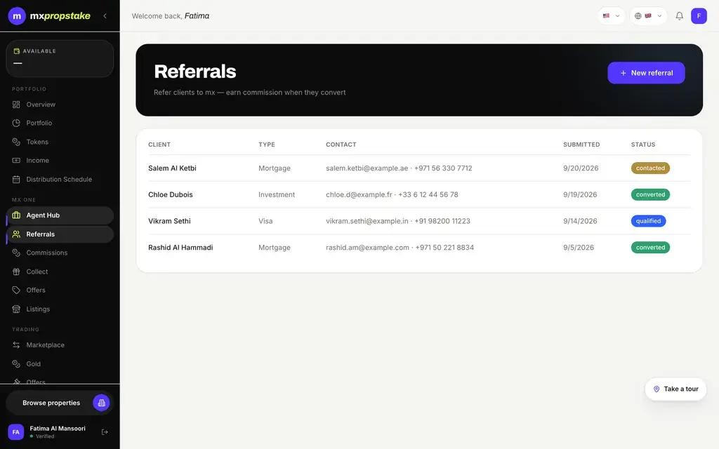 MXPropstake agent web referrals table listing each referred client with type, contact, submission date and current status