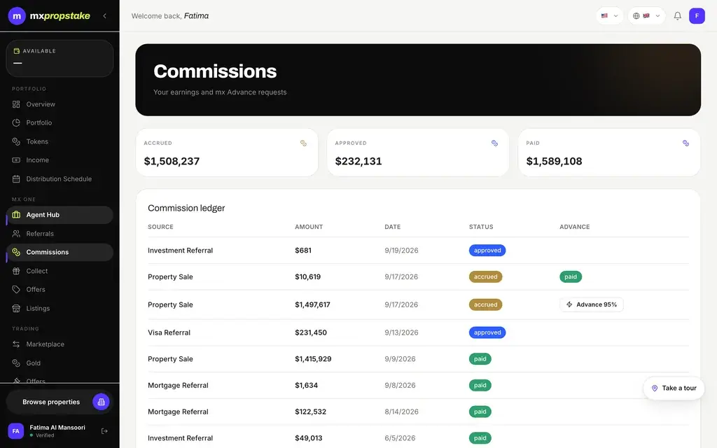MXPropstake agent web commissions page showing the commission ledger with investment referral, property sale and mortgage referral entries and advance status